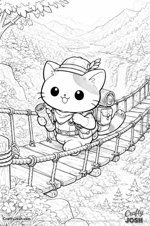 Kawaii cat adventurer crossing a rope bridge over a valley