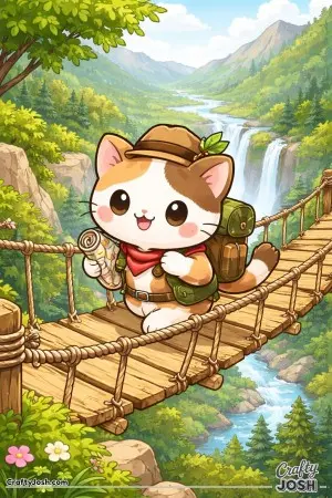 Kawaii cat adventurer crossing a rope bridge over a valley