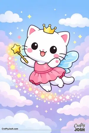 Kawaii cat as a fairy with tiny wings sprinkling magic