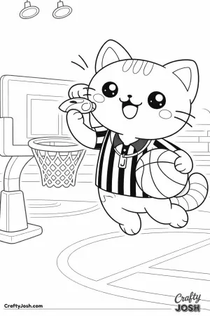Kawaii cat basketball referee, holding a whistle and basketball, friendly expression