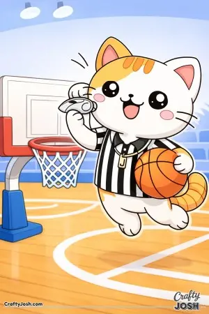 Kawaii cat basketball referee, holding a whistle and basketball, friendly expression