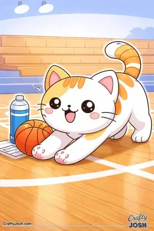 Kawaii cat basketball warm-up, stretching with a basketball beside them