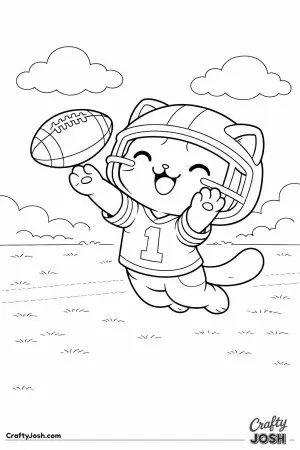 Kawaii cat catching a football, arms outstretched, happy expression, rounded clouds behind