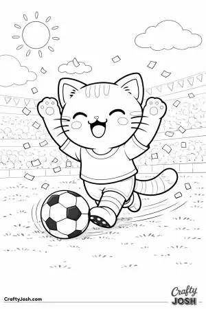 Kawaii cat celebrating a goal, arms raised, soccer ball at feet, confetti shapes floating around