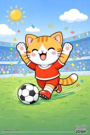 Kawaii cat celebrating a goal, arms raised, soccer ball at feet, confetti shapes floating around