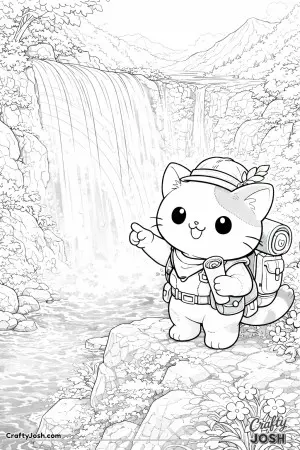 Kawaii cat discovering a rainbow waterfall