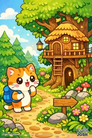 Kawaii cat discovering a secret treehouse in the forest