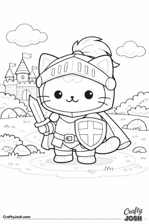 Kawaii cat dressed as a knight holding a small shield