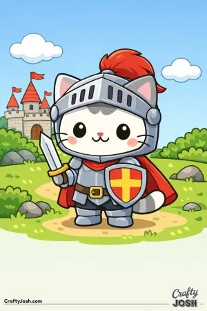 Kawaii cat dressed as a knight holding a small shield