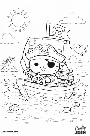 Kawaii cat dressed as a pirate sailing a tiny boat