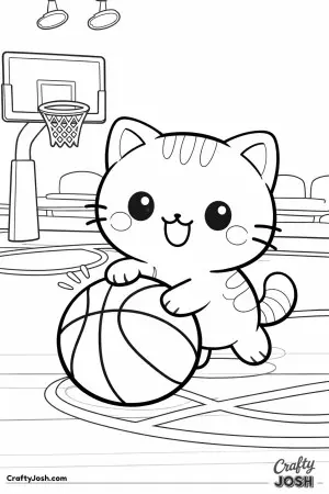 Kawaii cat dribbling a basketball, big round ball, happy face, simple court background