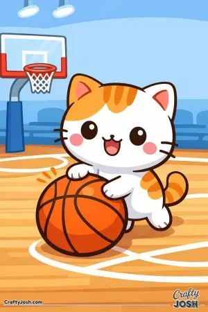 Kawaii cat dribbling a basketball, big round ball, happy face, simple court background