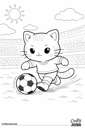 Kawaii cat dribbling a soccer ball across a grassy field, focused face, motion lines kept simple
