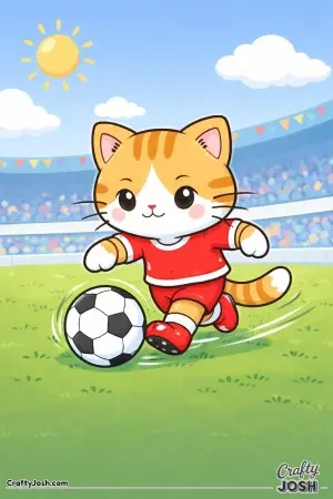 Kawaii cat dribbling a soccer ball across a grassy field, focused face, motion lines kept simple