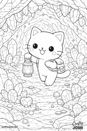 Kawaii cat exploring a crystal cave with glowing gems