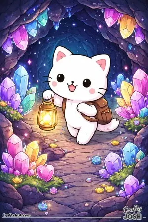 Kawaii cat exploring a crystal cave with glowing gems