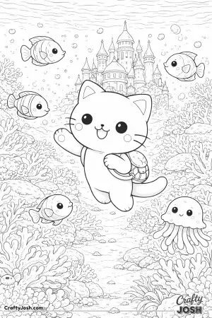 Kawaii cat exploring an underwater kingdom with fish friends
