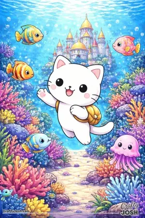 Kawaii cat exploring an underwater kingdom with fish friends
