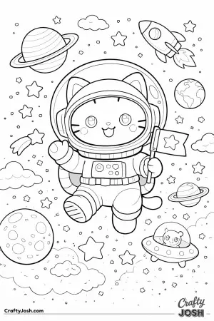 Our feline space astronaut takes center stage in this composition, where there are many other elements that you can color in