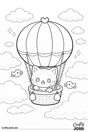 Kawaii cat flying a hot air balloon with clouds around
