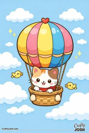Kawaii cat flying a hot air balloon with clouds around