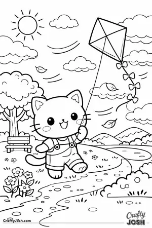 Kawaii cat flying a kite in a park on a breezy day
