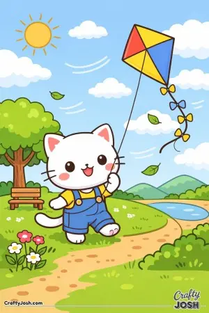 Kawaii cat flying a kite in a park on a breezy day