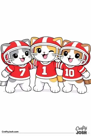 Kawaii cat football cuddle, two or three kawaii cats in helmets gathered together