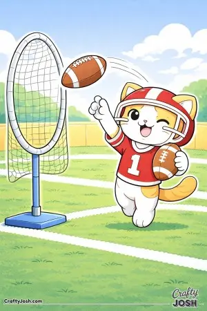Kawaii cat football practice, lightly tossing a football through a training hoop or target