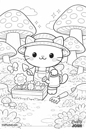 Kawaii cat gardening in a magical mushroom forest