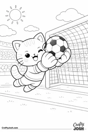 Kawaii cat goalkeeper jumping to catch a soccer ball with big padded gloves, smiling, goal behind