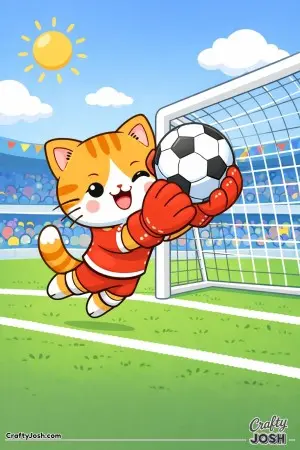 Kawaii cat goalkeeper jumping to catch a soccer ball with big padded gloves, smiling, goal behind