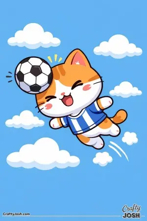 Kawaii cat heading a soccer ball, mid-air jump, rounded clouds in the background
