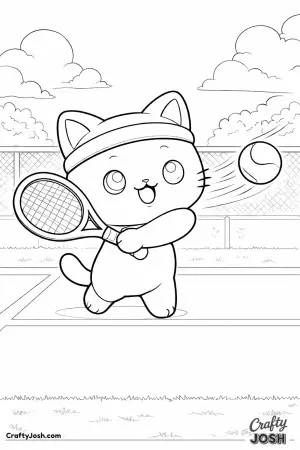 Kawaii cat hitting a tennis ball, gentle forehand swing, ball floating nearby