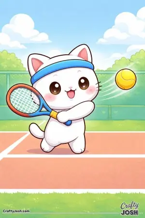Kawaii cat hitting a tennis ball, gentle forehand swing, ball floating nearby