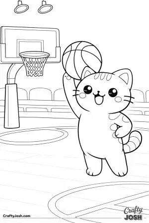 Kawaii cat holding a basketball above its head, standing pose, smiling confidently