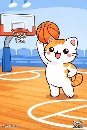 Kawaii cat holding a basketball above its head, standing pose, smiling confidently