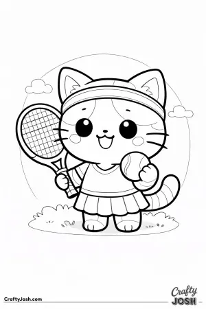 A cute kawaii cat standing upright, smiling happily while holding a tennis racket and a tennis ball.