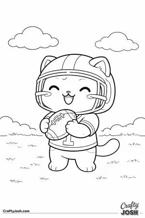 Kawaii cat holding an American football, wearing a helmet and jersey, standing pose, smiling