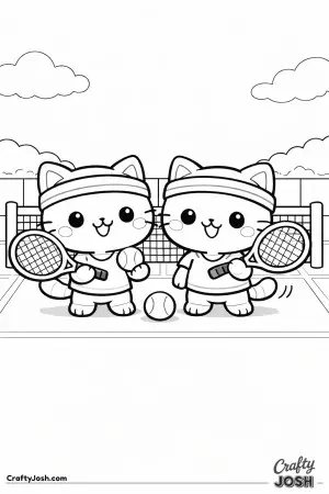 Kawaii cat playing doubles tennis, two kawaii cats with rackets, simple grouping