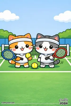 Kawaii cat playing doubles tennis, two kawaii cats with rackets, simple grouping