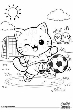 Kawaii cat playing football and kicking a ball mid-shot