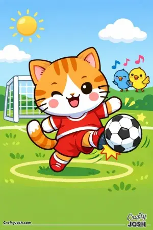 Kawaii cat playing football and kicking a ball mid-shot