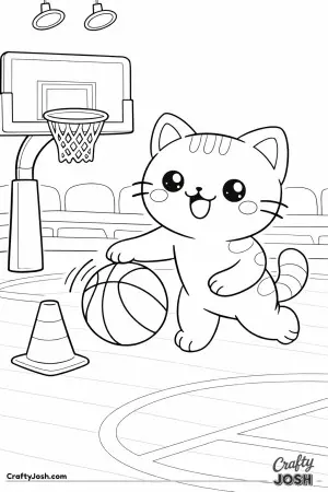 Kawaii cat practicing basketball, bouncing a ball next to a cone or marker