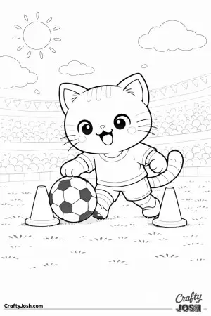 Kawaii cat practicing soccer drills, gently tapping a ball between small cones