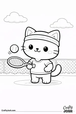 Kawaii cat practicing tennis, bouncing a ball with a racket, calm pose