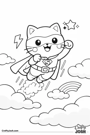 Kawaii cat pretending to be a superhero soaring in the sky
