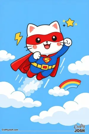 Kawaii cat pretending to be a superhero soaring in the sky