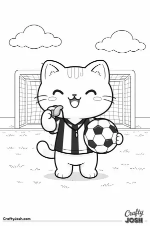 Kawaii cat referee, holding a whistle and soccer ball