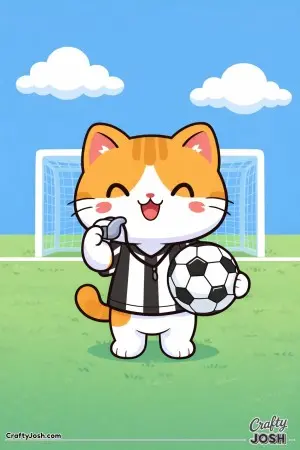 Kawaii cat referee, holding a whistle and soccer ball